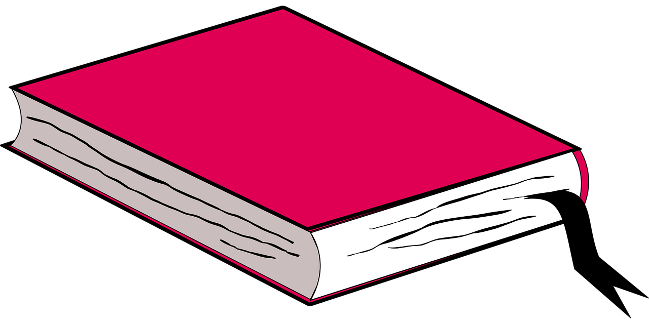 Grafika przedstawiająca książkę z czerwoną okladką i czarną zakładką na białym tle