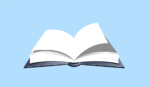 Grafika przedstawiająca otwartą książkę z białymi kartkami na niebieskim tle