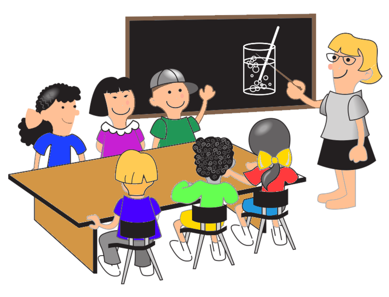 Grafika przedstawiająca nauczycielkę przy tablicy i dzieci w szkolnych ławkach
